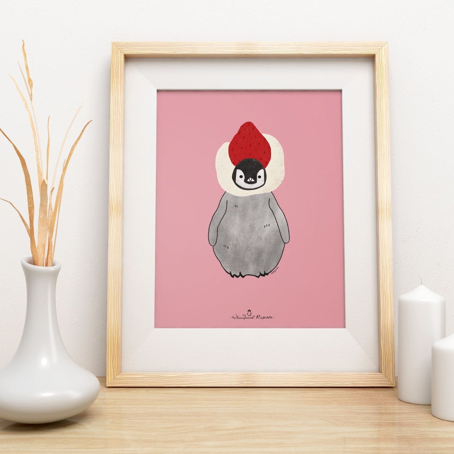 Pudding the Penguin Strawberry Daifuku Art Print