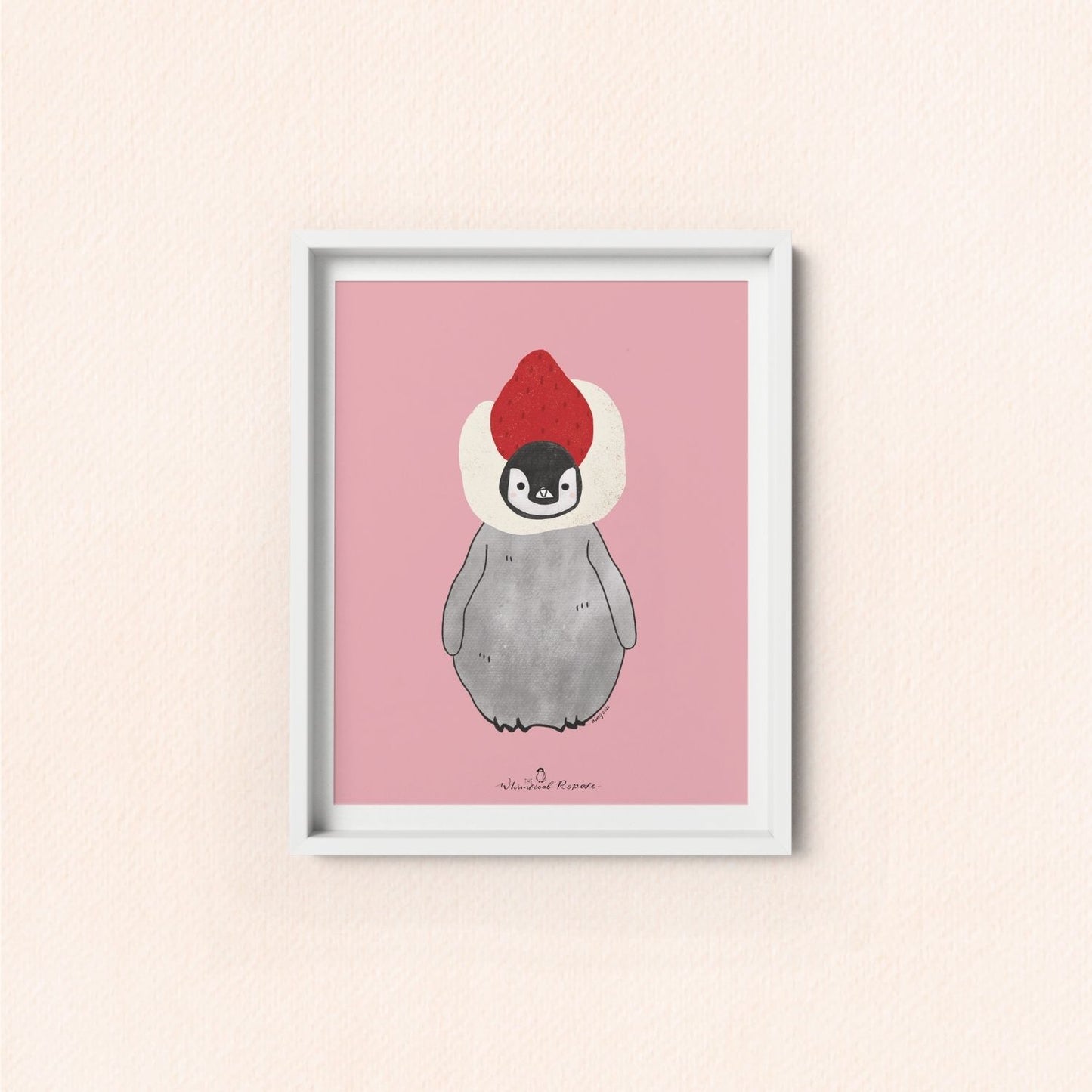 Pudding the Penguin Strawberry Daifuku Art Print