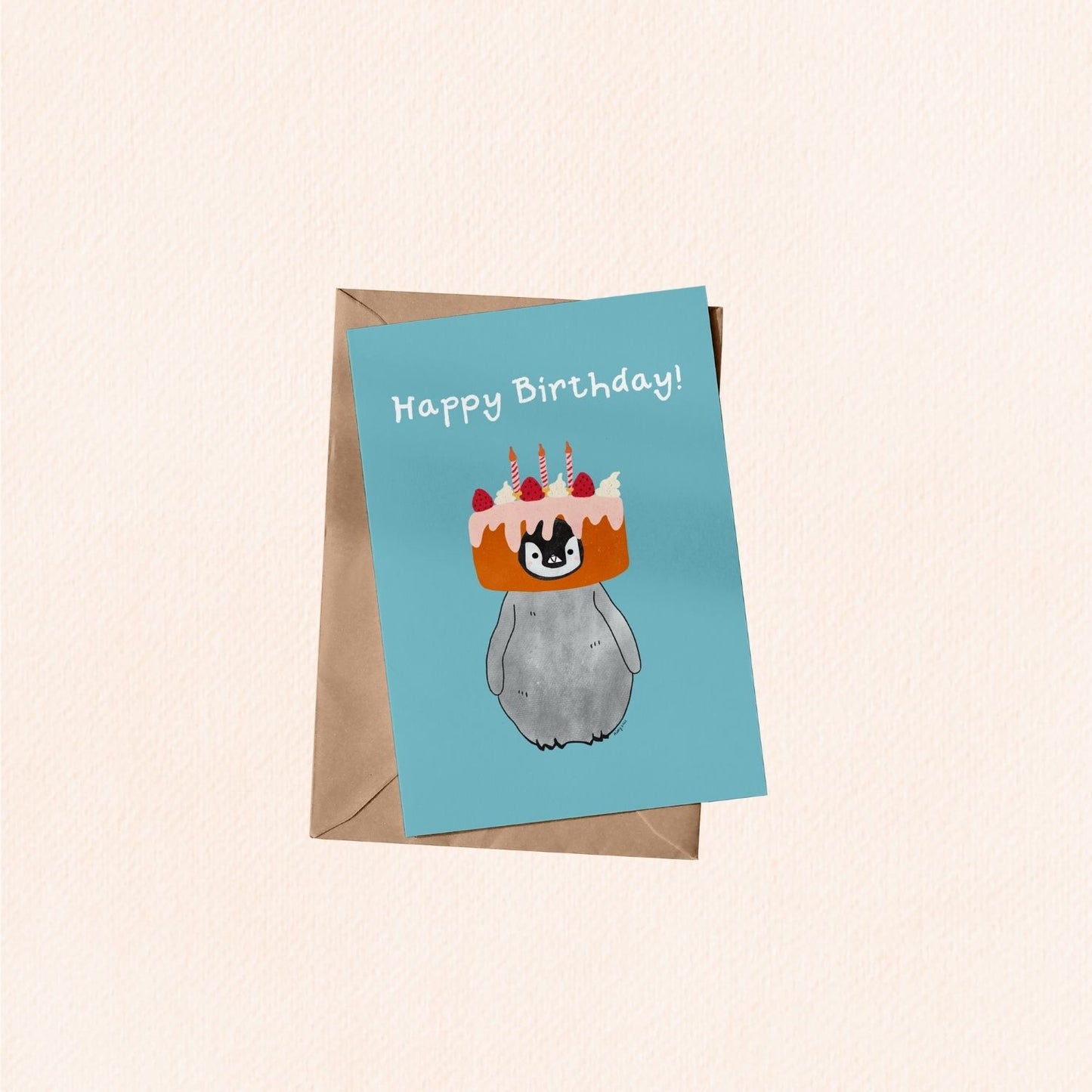 Pudding the Penguin Strawberry Cake Birthday Card