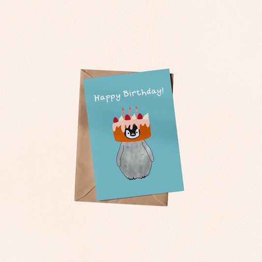 Pudding the Penguin Strawberry Cake Birthday Card