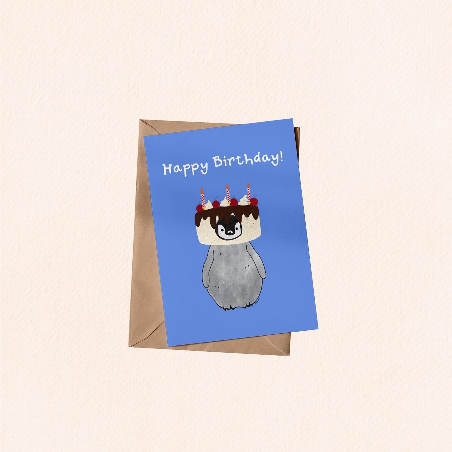 Pudding the Penguin Chocolate Cake Birthday Card