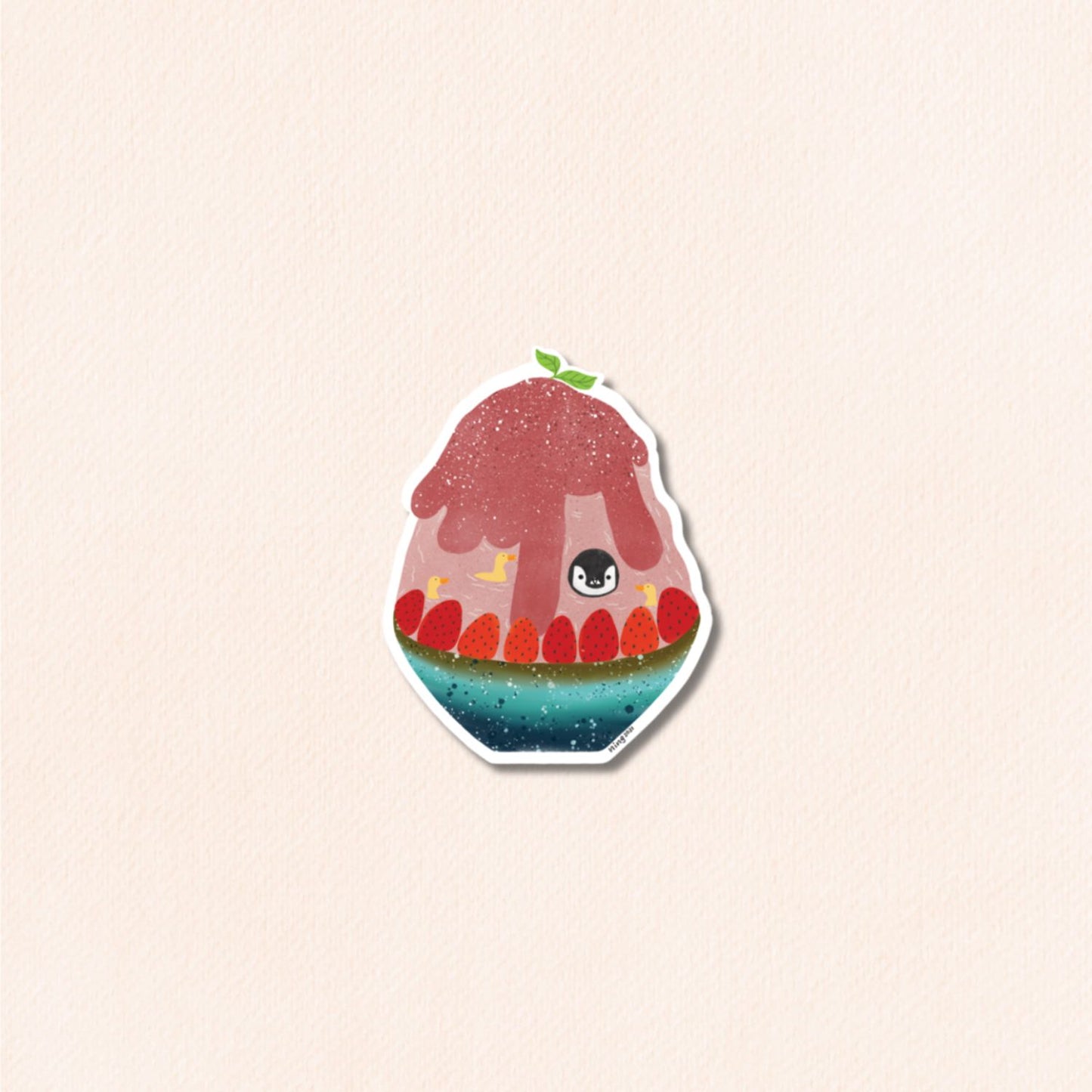 Pudding the Penguin in Strawberry Shaved Ice Dessert Vinyl Sticker