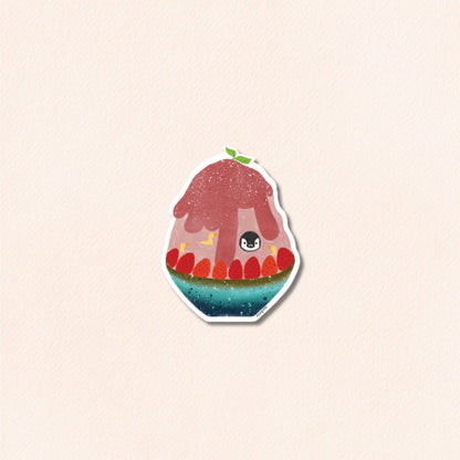 Pudding the Penguin in Strawberry Shaved Ice Dessert Vinyl Sticker