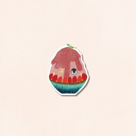 Pudding the Penguin in Strawberry Shaved Ice Dessert Vinyl Sticker