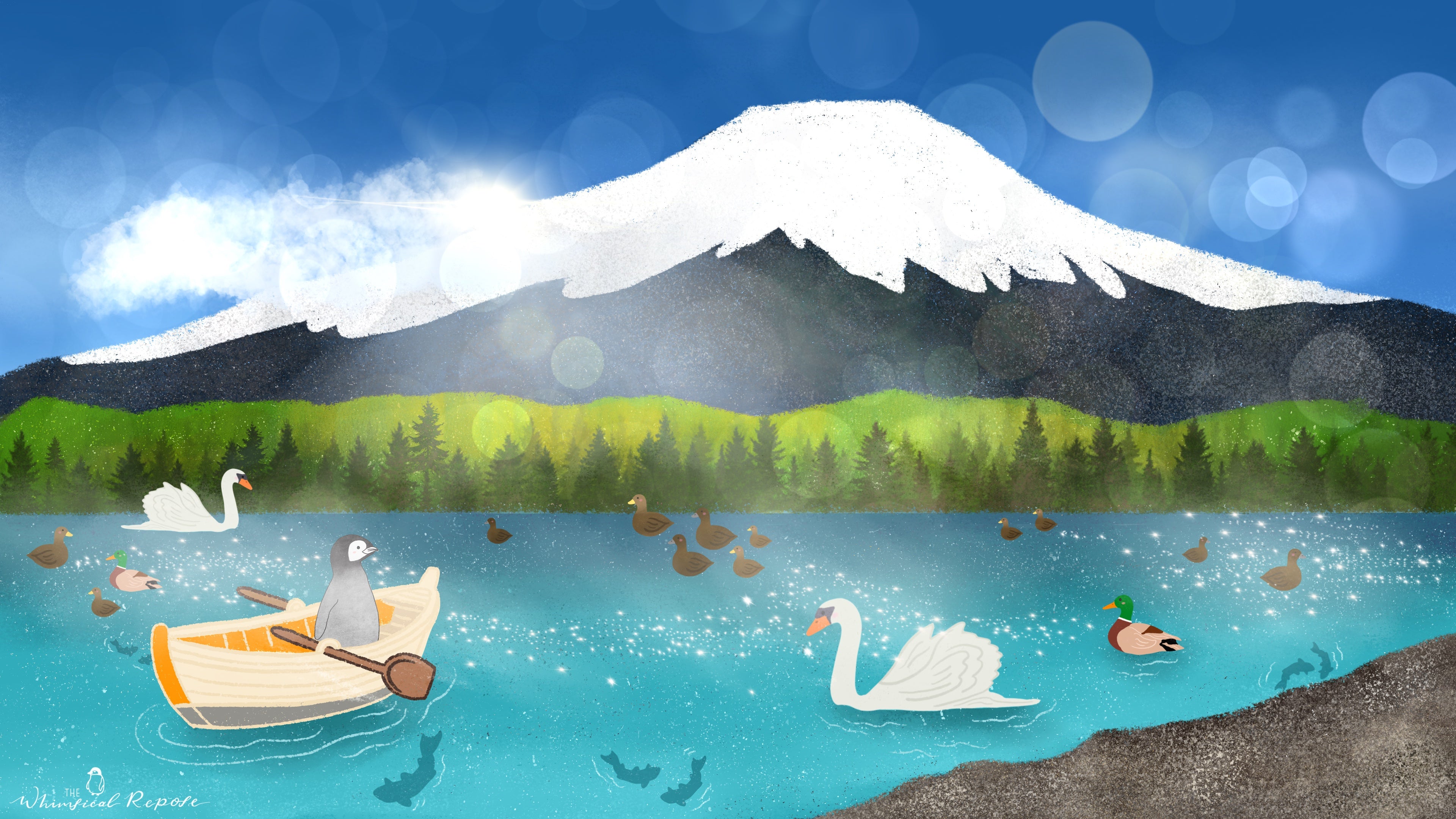 Illustration of a mountain landscape with swans and a boat on a lake